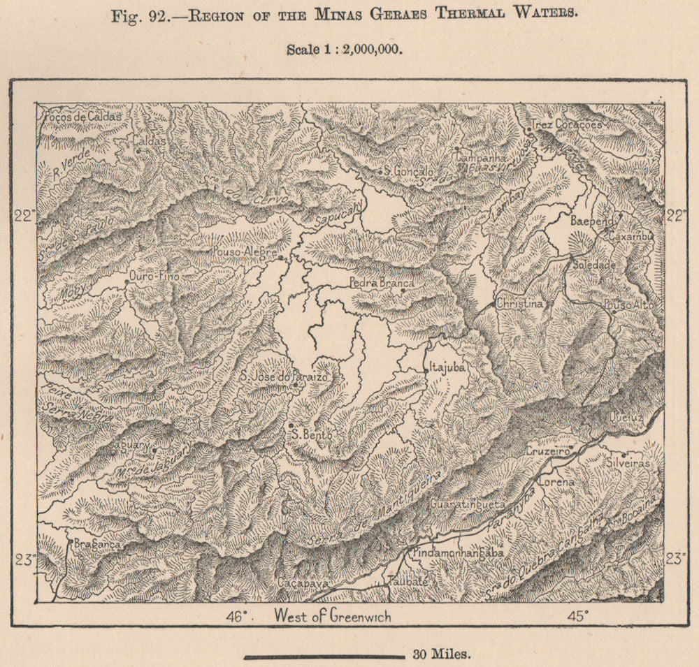 Region of the Minas Gerais thermal waters. Brazil 1885 old antique map chart